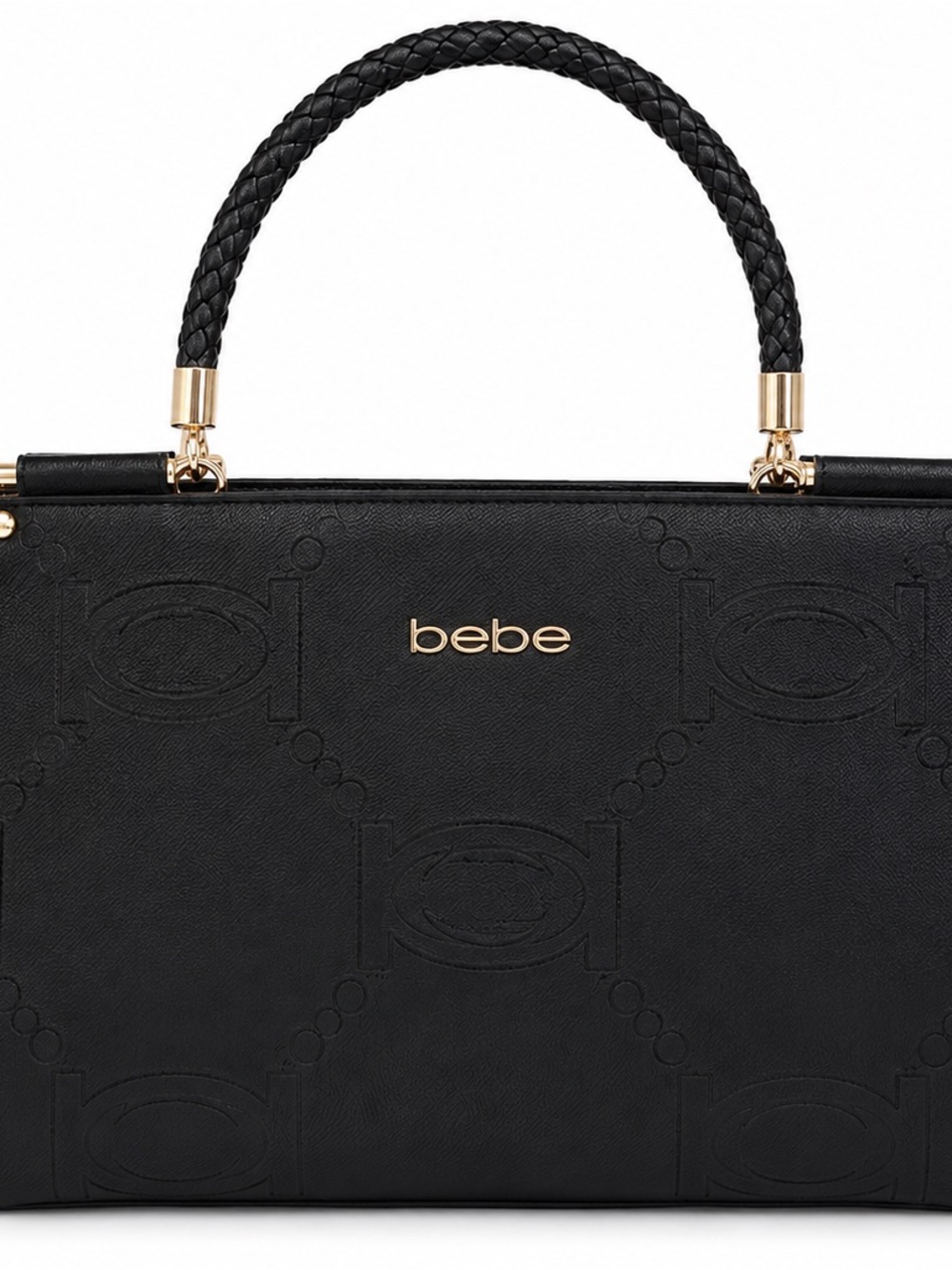 bebe Black Embossed Satchel with Braided Top Handle